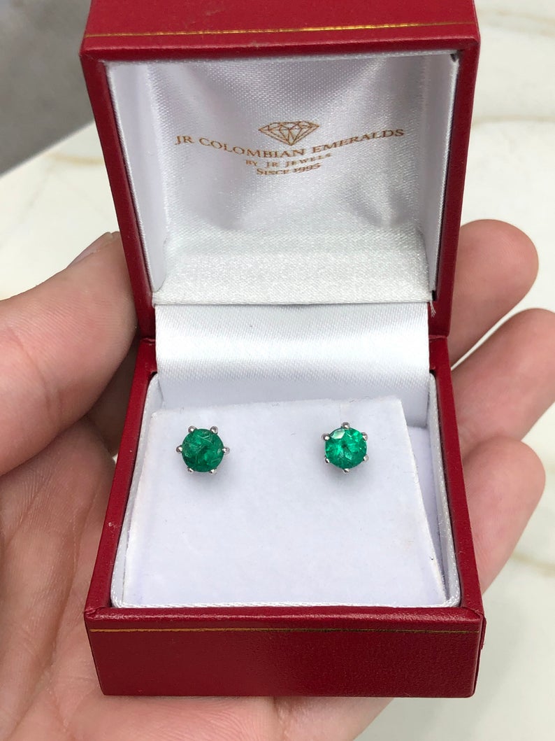 14K 1.0tcw Six Prong Round Emerald Stud Earrings