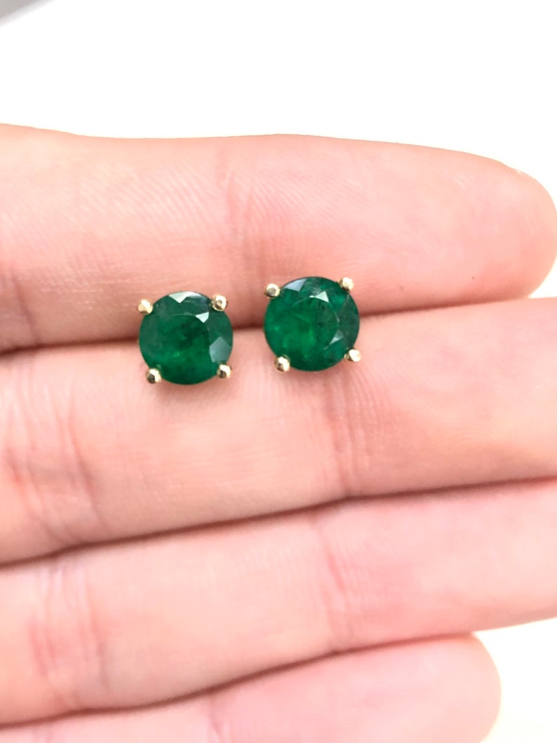 Round Cut Genuine earth mined Emerald stud Earrings 14K Yellow Gold