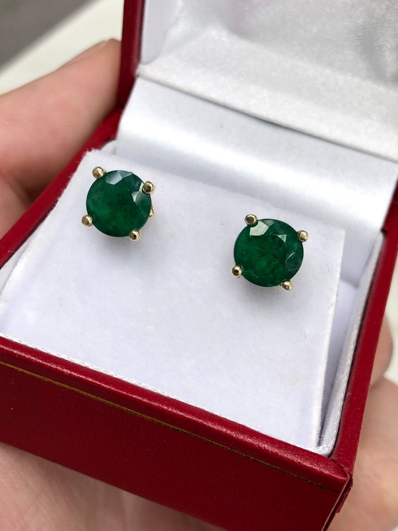 Round Cut Genuine earth mined Emerald stud Earrings 14K