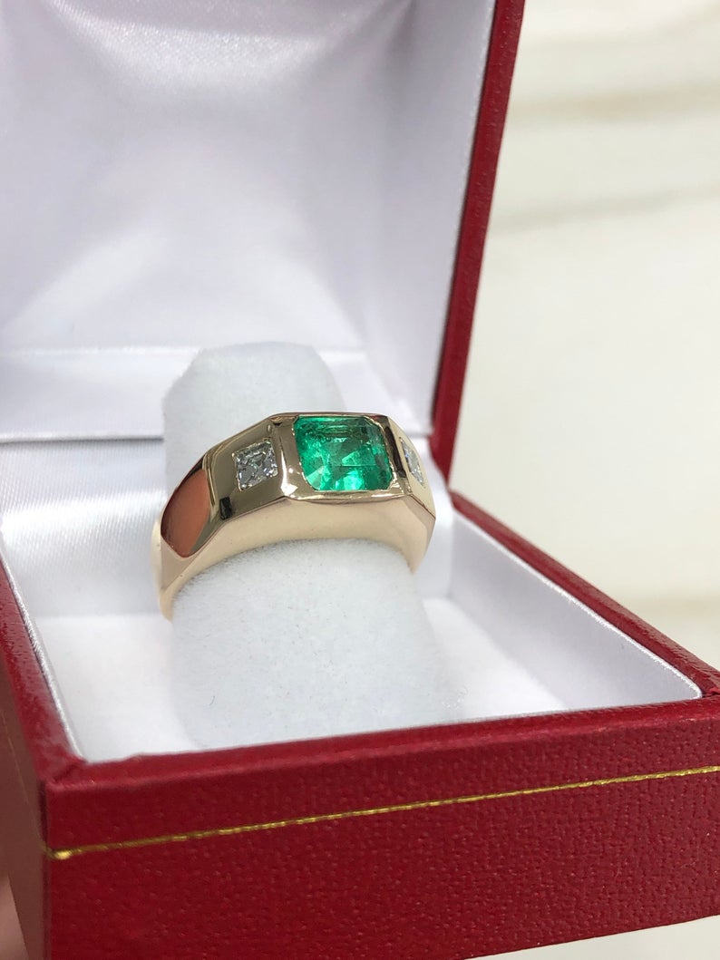 2.14tcw Three Stone Vivid Green Emerald & Asscher Diamond Signet Gypsy Ring gift for her