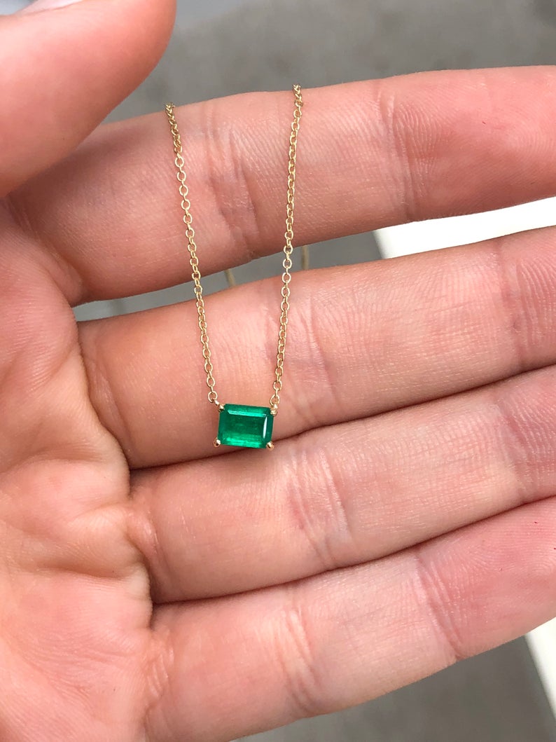 Emerald Solitaire East to West Emerald Cut Necklace 14K