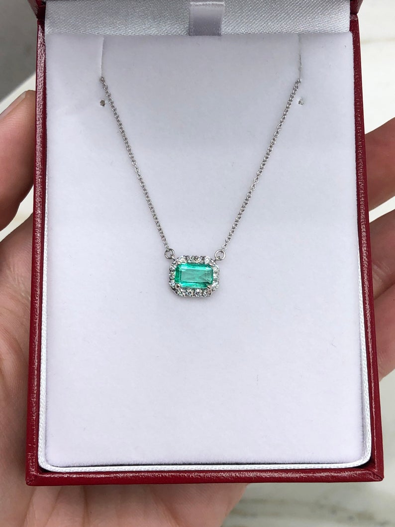1.25tcw East to West Spring Green Emerald Cut & Diamond Pave Halo White Necklace 14K