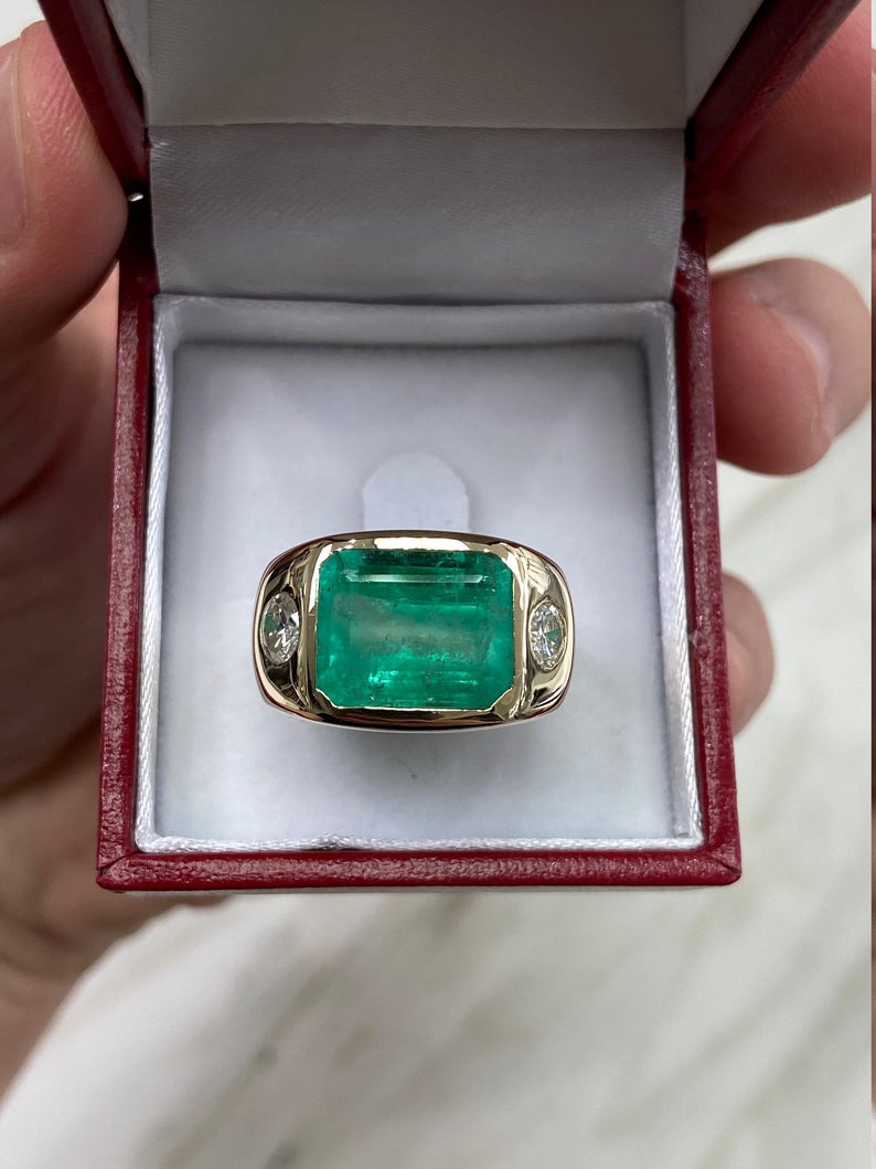 Large 7.96tcw The HULK 3 Stone Emerald & Round Diamond Signet Gypsy Ring 18K gift present