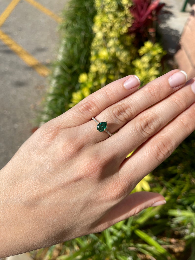 Radiant Beauty: Pear Cut Dark Green 1.15TCW Bridal Engagement Ring with Hidden Diamond Halo Accent