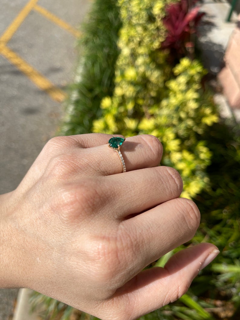 Celebrate Brilliance: Bridal 1.15TCW Pear Cut Dark Green Engagement Ring Featuring Hidden Diamond Halo Accent