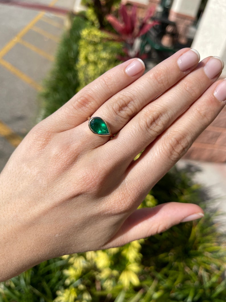 Beautiful Forest Green 2.18 carat Bezel East to West Set Emerald Pear Solitaire Ring 14K