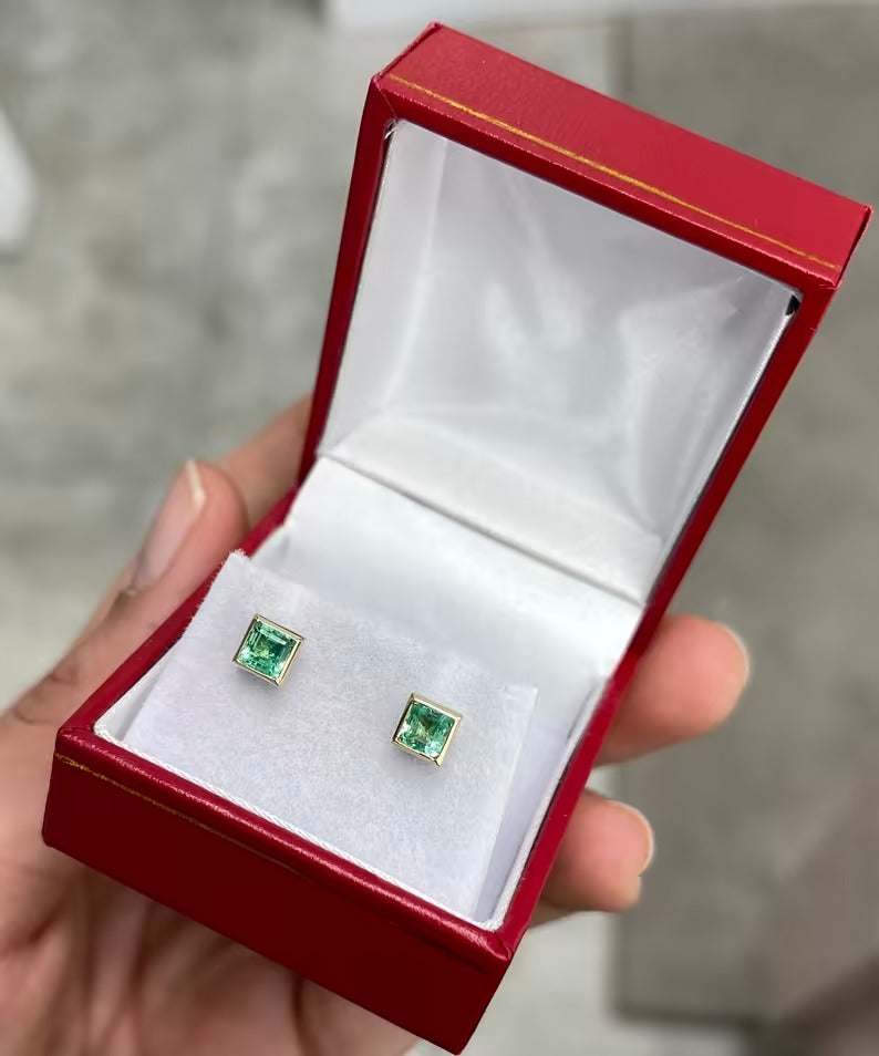 0.90tcw Princess Cut Natural Emerald Bezel Set Stud Earrings 14K