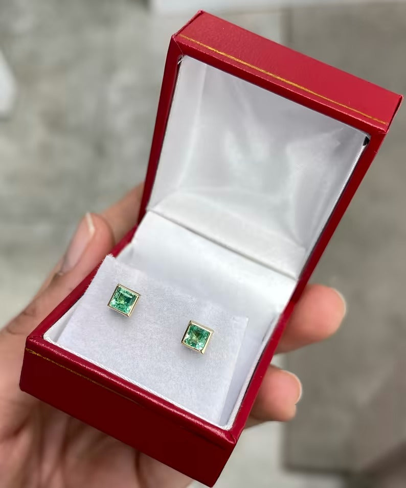 Natural Emerald Bezel Set Stud Earrings