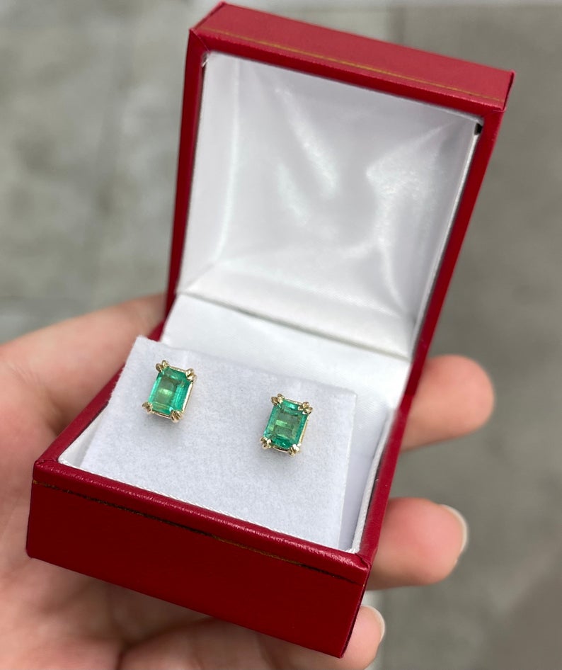 Beautiful 1.62tcw 14K Medium Green Colombian Emerald Double Prong Stud Earrings