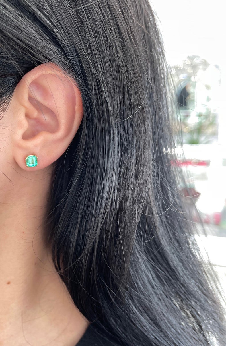 Contemporary Asscher Cut Rich Green Colombian Emerald Earrings
