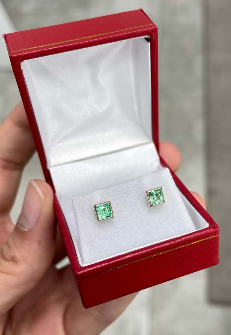 0.90tcw Princess Cut Natural Emerald Bezel Set Stud Earrings 14K