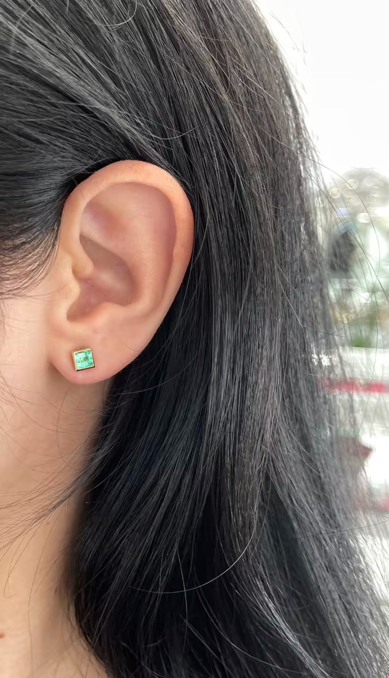 Princess Cut Natural Emerald Bezel Set Stud Earrings 14K