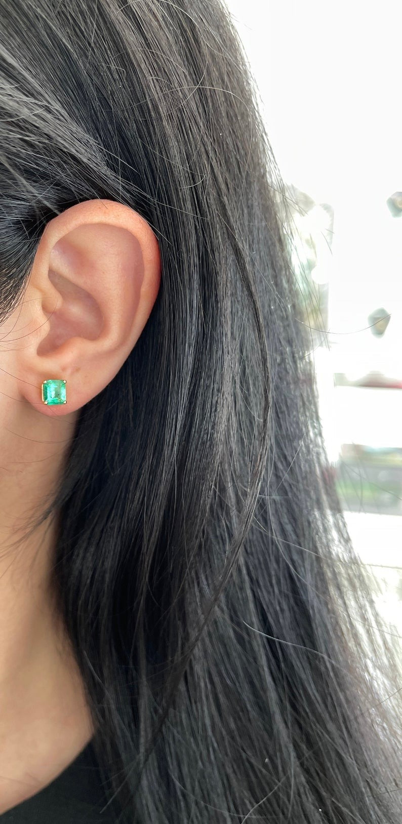 2.17tcw Colombian Emerald Square Cut Floral Stud Earrings girl on ear