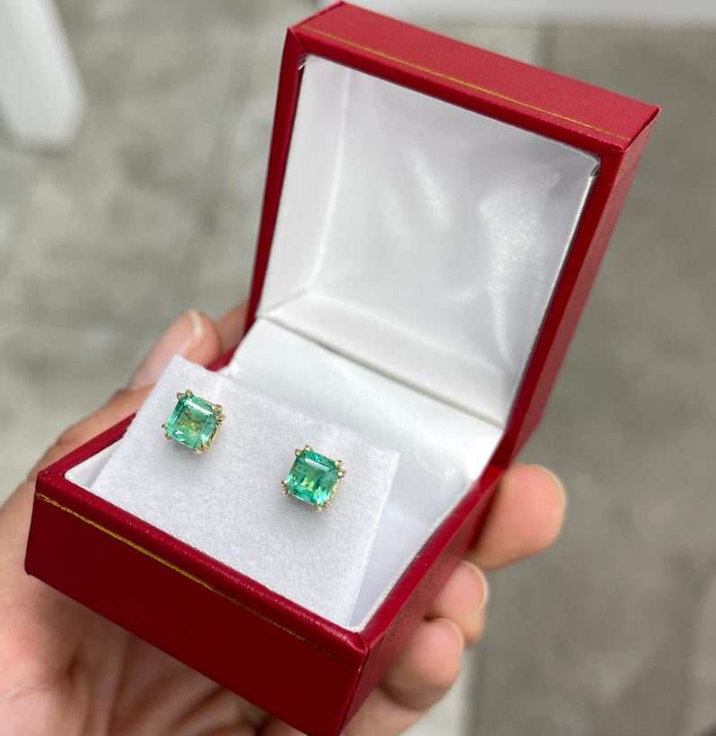 1.73tcw Asscher Cut Rich Green Colombian Emerald Earrings 14K