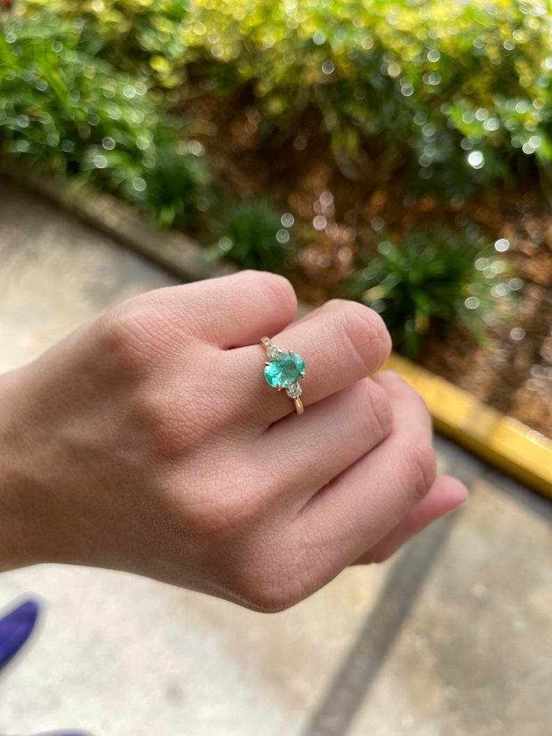 14K Three Stone Oval Emerald & Diamond Ring