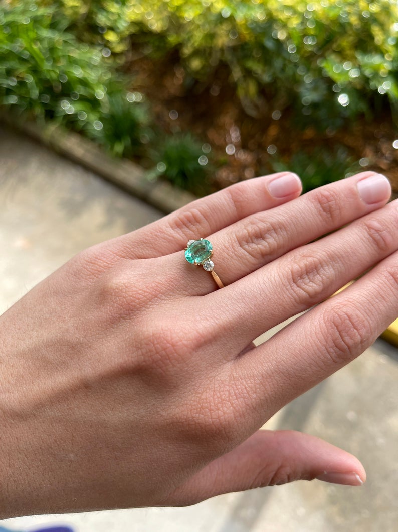 14K Three Stone Oval Emerald & Diamond Ring