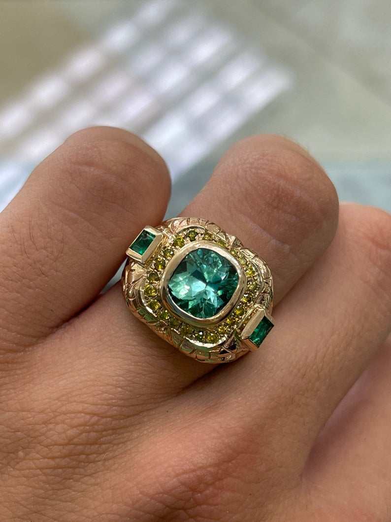 4.18tcw 14K Colombian Emerald Cushion & Princess Emerald Yellow Diamond Accent Mens Ring