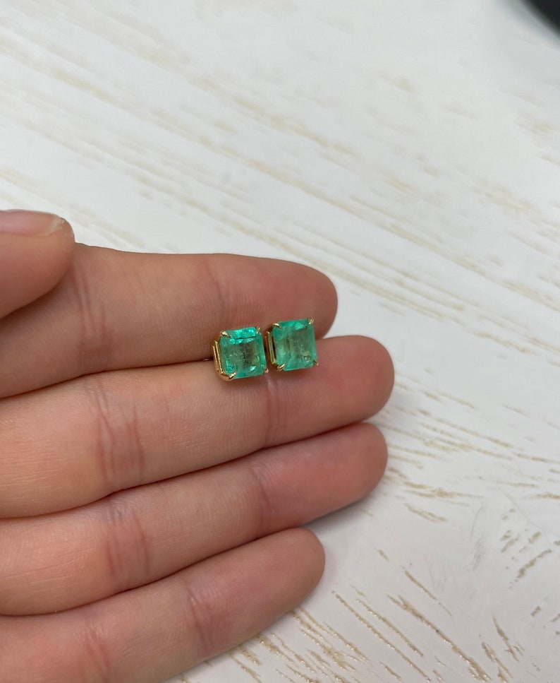 14K Colombian Emerald Asscher Cut Natural Semi-Transparent Earrings