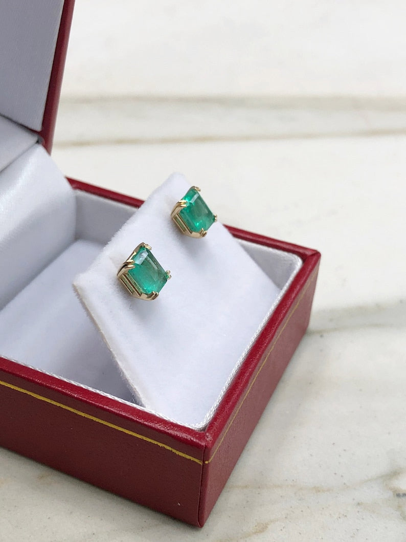 2.50tcw Trendy Emerald Cut Solid 14K Sea Green Double Prong Stud Earrings - JR Colombian Emeralds