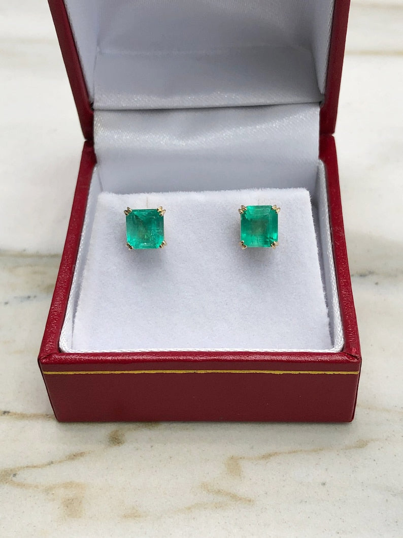 2.50tcw Trendy Emerald Cut Solid 14K Sea Green Double Prong Stud Earrings - JR Colombian Emeralds