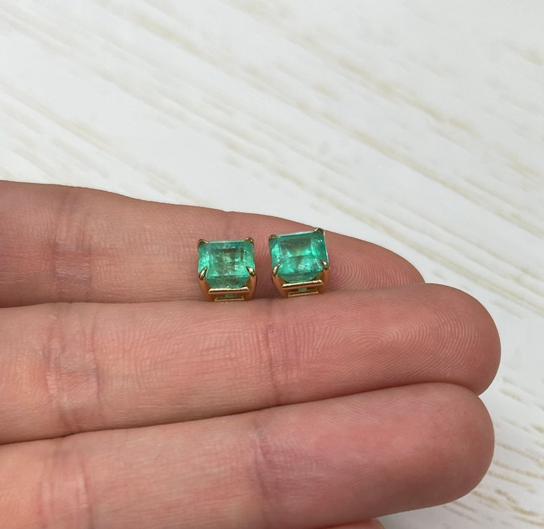 3.34tcw 14K Colombian Emerald Asscher Cut Natural Semi-Transparent Earrings