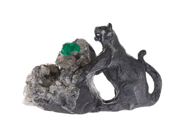 Precious Colombian Emerald Collector's Black Panther Sculpture in Raw Crystal
