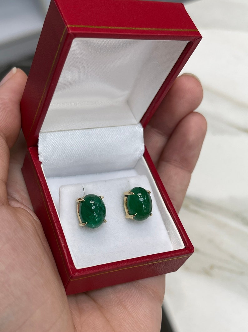 Forest Green Emerald Cabochon 10 Carat Oval Cut Natural Four Prong Earrings 14K gold