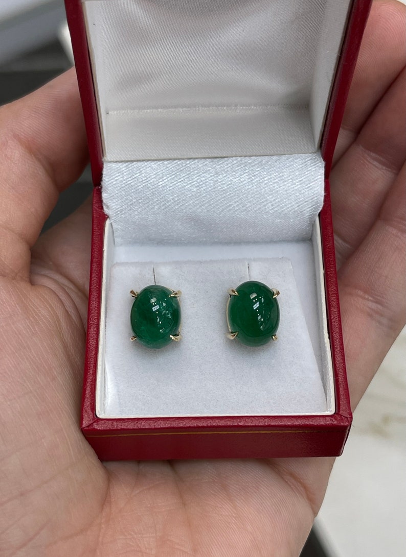 14K Emerald Cabochon Oval Cut Natural Four Prong Earrings