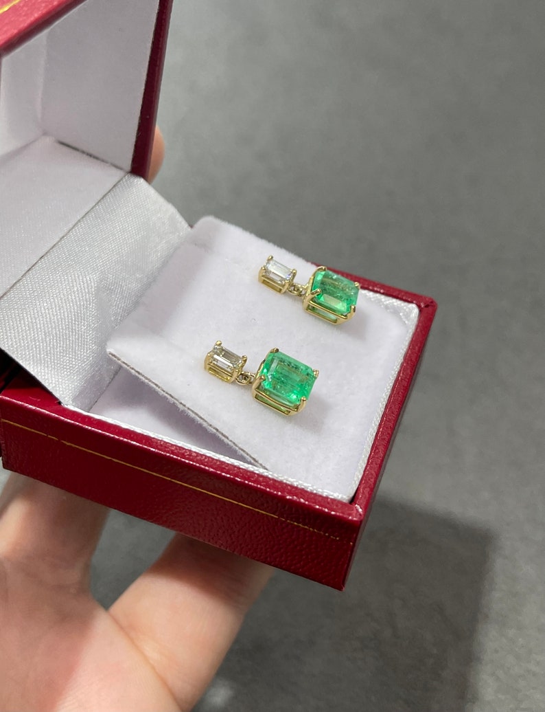 3.79tcw 18K Emerald & Diamond Natural Transparent Dangle Earrings