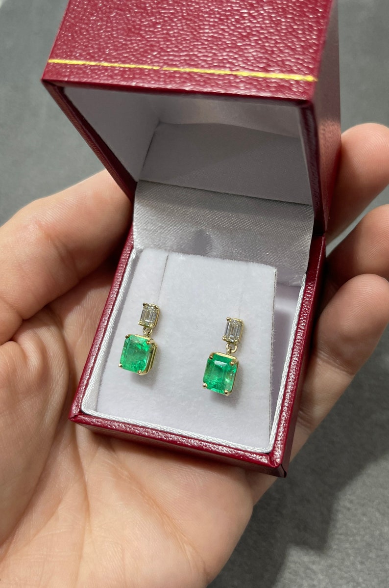 18K Emerald & Diamond Natural Transparent Dangle Earrings