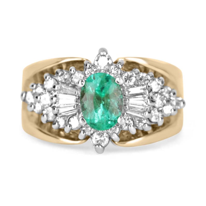 1.60tcw 14K Cocktail Colombian Emerald Oval & Brilliant Round Baguette Diamond Vintage Statement Ring