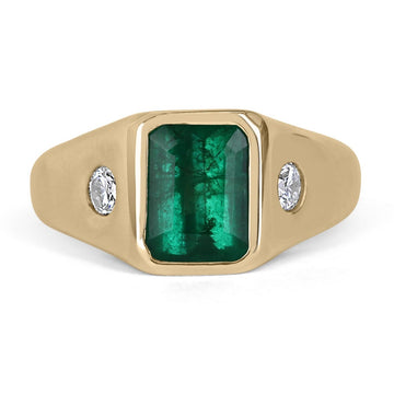 2.40tcw 14K Emerald & Diamond Three Stone Solitaire Solid Gold Semi-Transparent Men's Ring gift