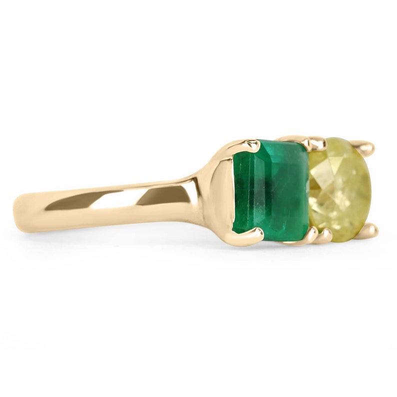 2 Stone 2.72tcw 14K  Emerald and Yellow Diamond Asscher Cut Semi-Transparent Cuff Ring
