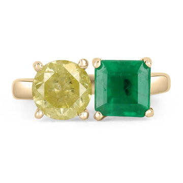 2.72tcw 14K Square Emerald and Yellow Diamond Asscher Cut Semi-Transparent Cuff Ring