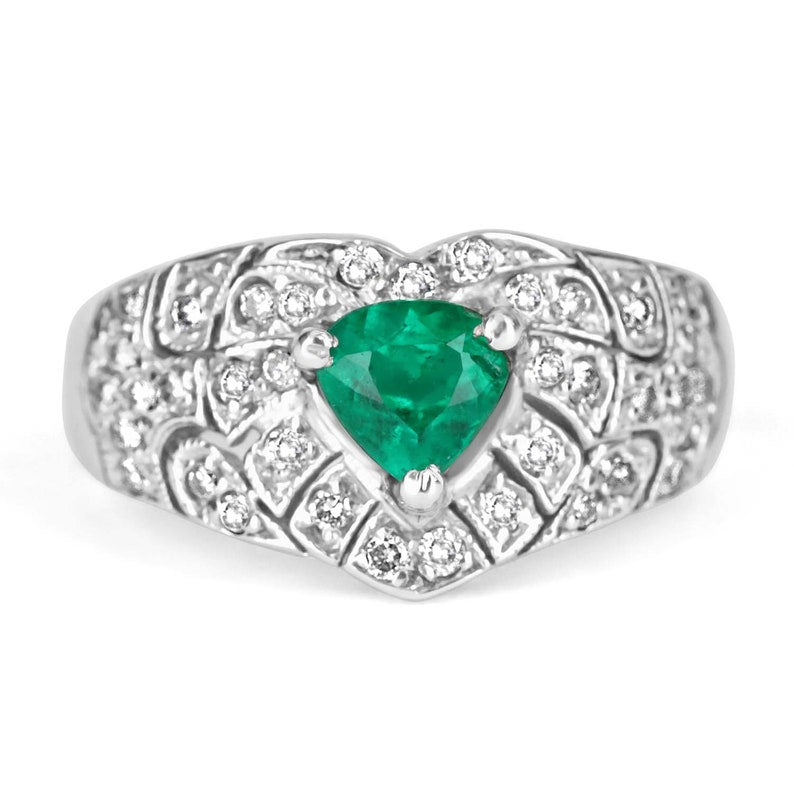 0.90tcw 14K Colombian Emerald Trilliant Cut & Diamond Cluster Statement Ring