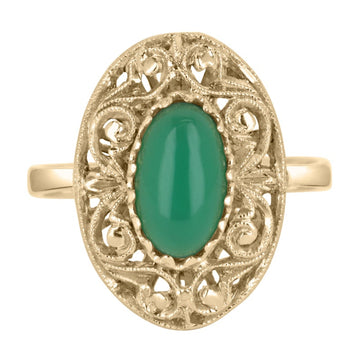 1.43cts 18K Natural Emerald Elongated Oval Floral Antique Ring
