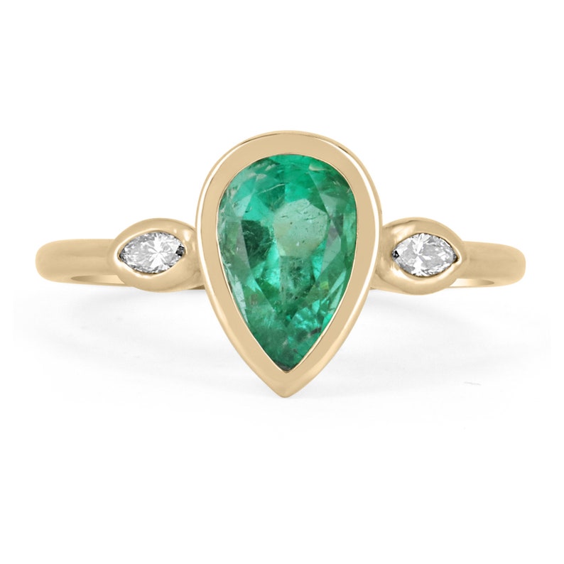 Timeless Elegance: 1.17tcw Natural Colombian Emerald and Marquise Diamond Three Stone Ring in 14K Gold