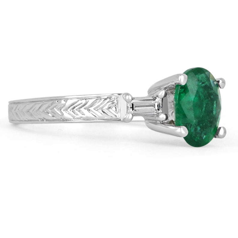 14K Emerald Five Stone Natural Oval Cut & Diamond Baguette Ring