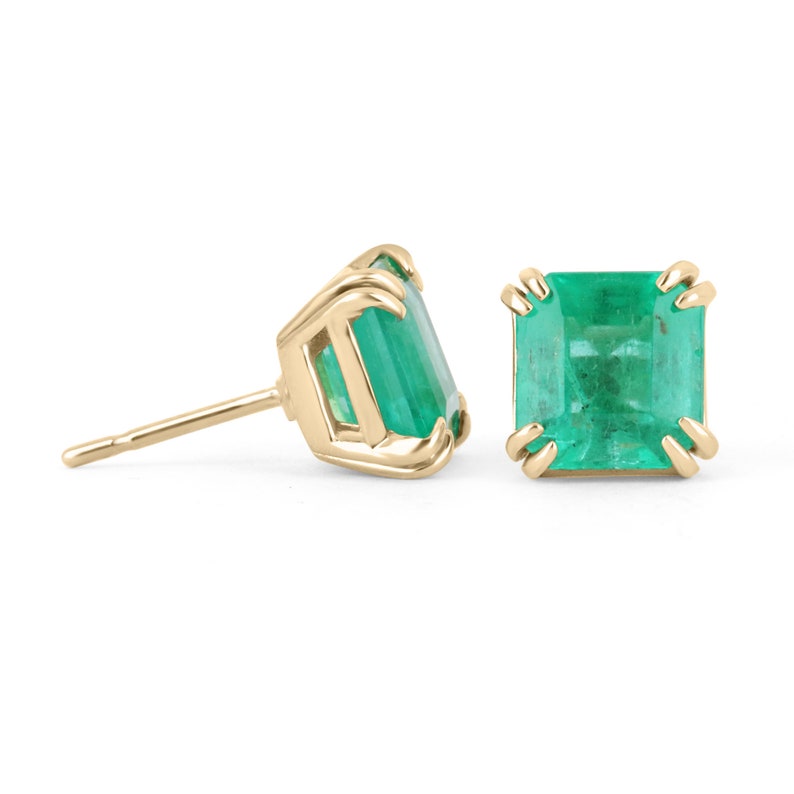 Colombian Emerald Asscher Cut Double Prong Stud Earrings