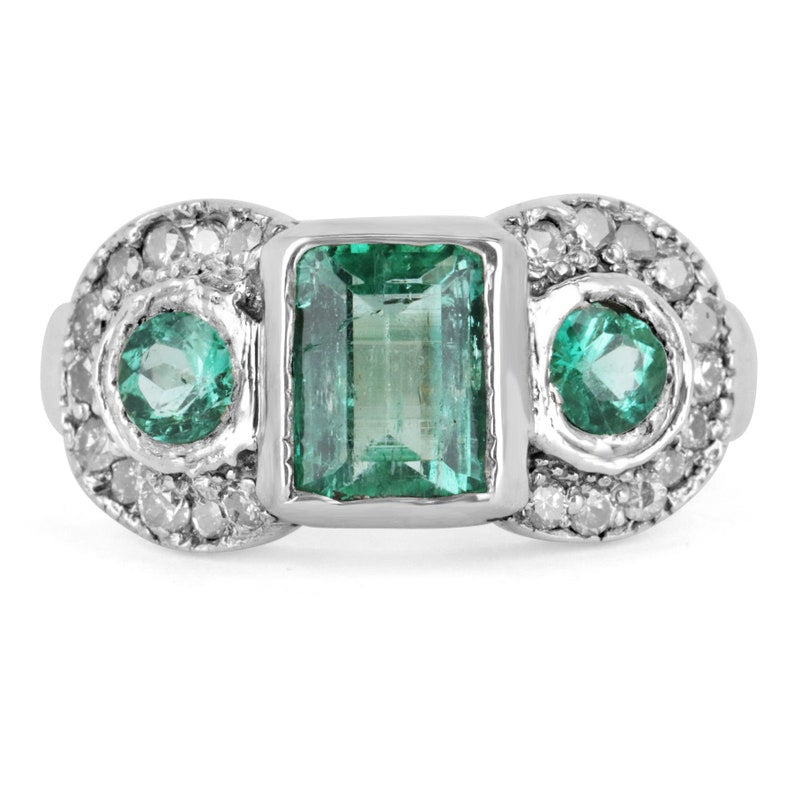 2.22tcw Colombian Emerald & Diamond Vintage Three Stone Statement Ring