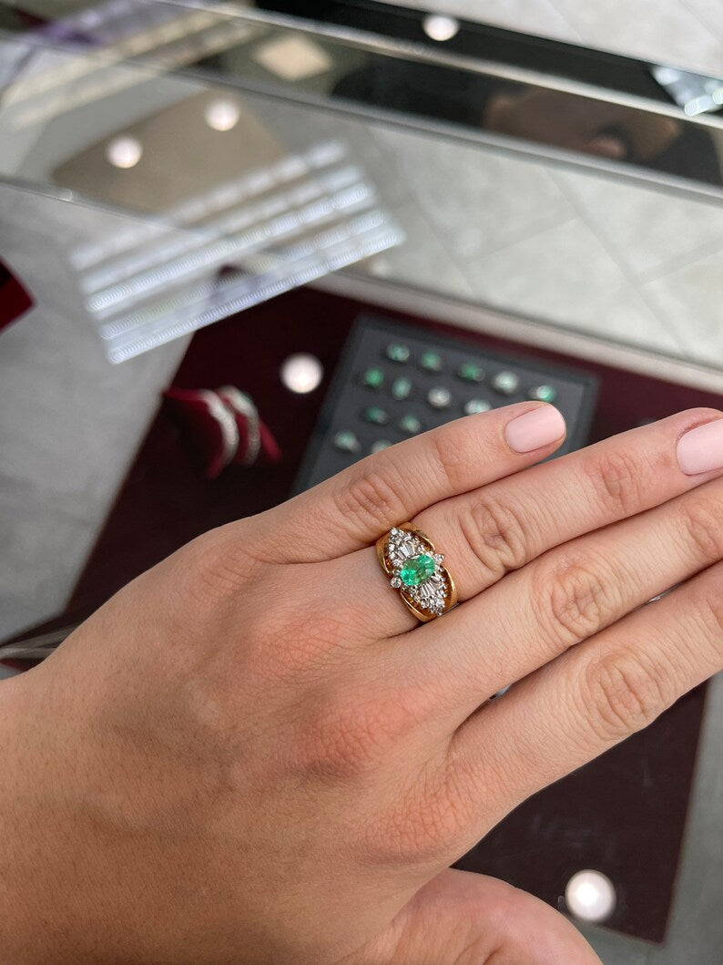 1.60tcw 14K Cocktail Colombian Emerald Oval & Brilliant Round Baguette Diamond 1980s Vintage Statement Ring