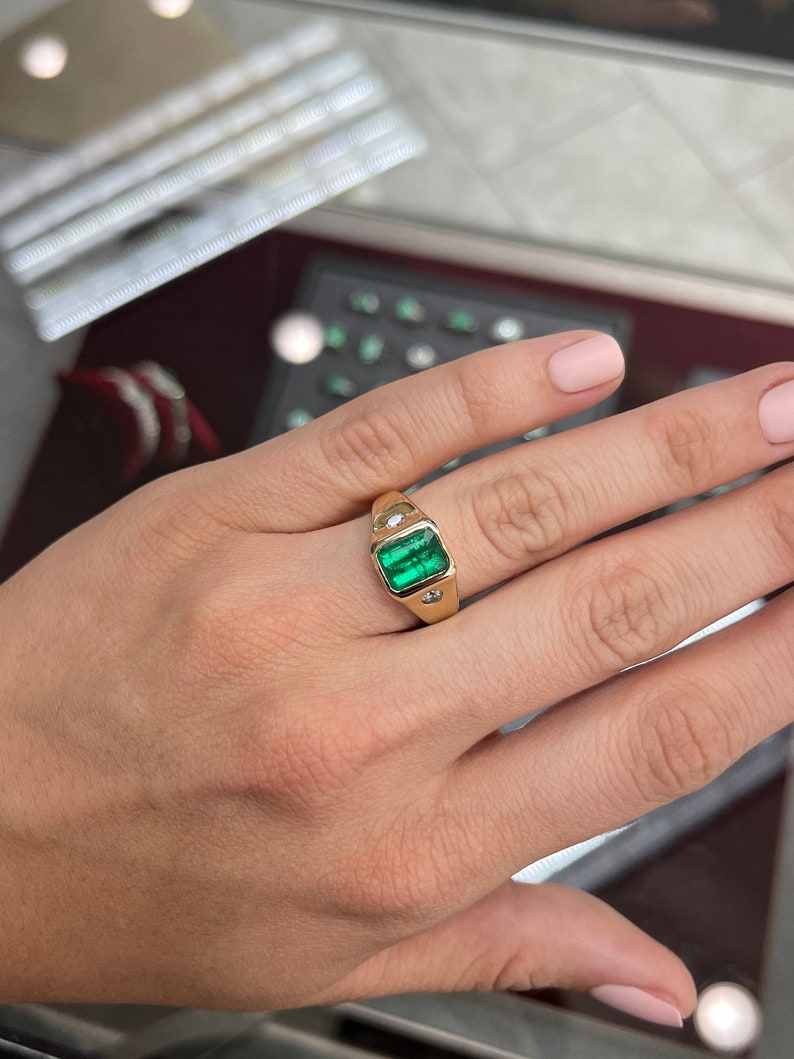 14K Emerald & Diamond 2.40tcw Three Stone Solitaire Solid Gold Transparent Men's 3 stone Ring