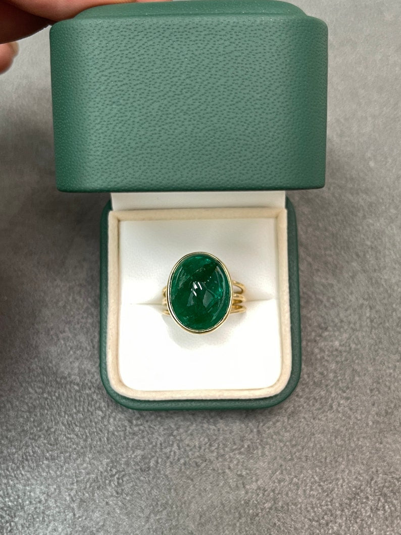 Statement Colombian Emerald 15.77 carat Oval Cabochon Cut Solitaire Triple Shank Vintage Gold Ring gift 14k