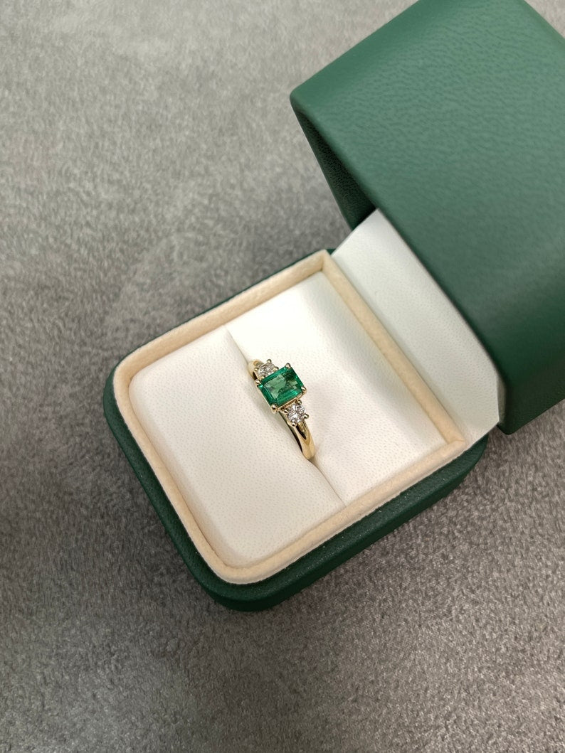 Radiant 14K Gold Ring with 1.25tcw Emerald Three Stone & Brilliant Round Diamond - Classic Charm