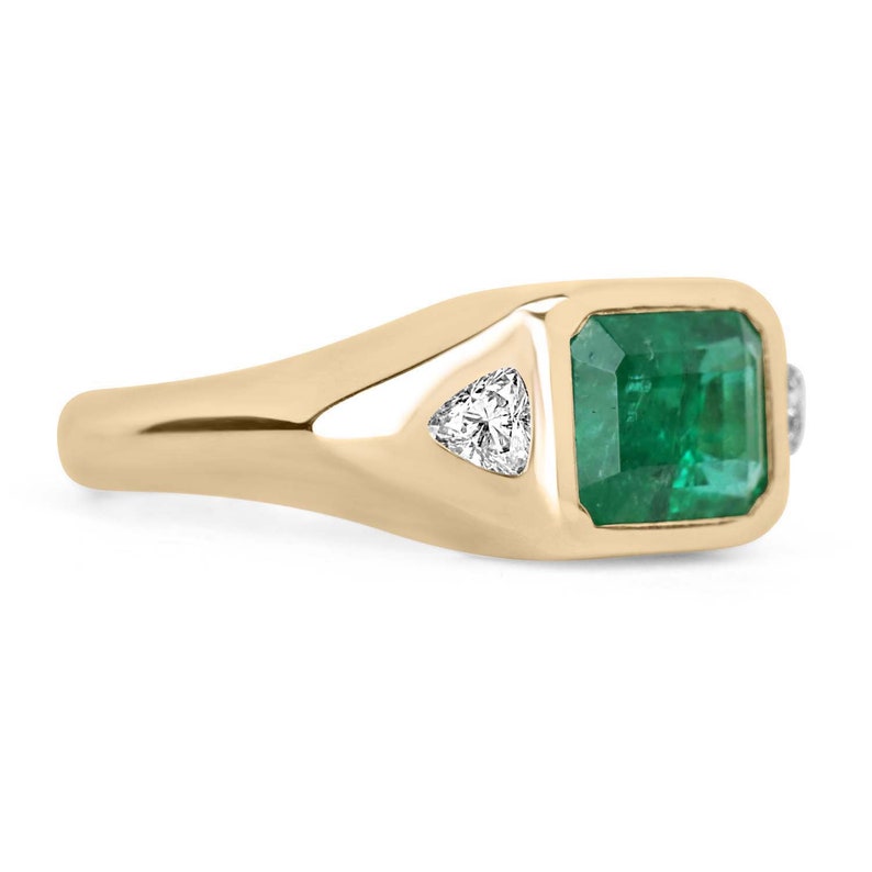  14K Dark Green Emerald & Trillion Cut Three Stone Diamond Gypsy Ring