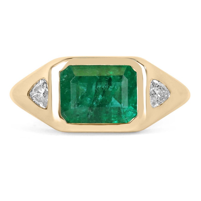 2.05tcw 14K Dark Green Emerald & Trillion Cut Three Stone Diamond Gypsy Ring
