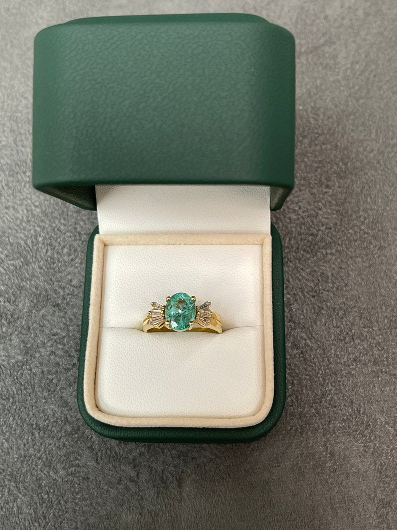 2.20tcw Colombian Emerald Oval Cut & Baguette Diamond seven Stone anniversary Ring 14K gold