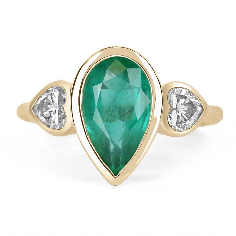 2.67tcw 14K Emerald Three Stone Pear Cut & Heart Cut Diamond Gypsy Ring