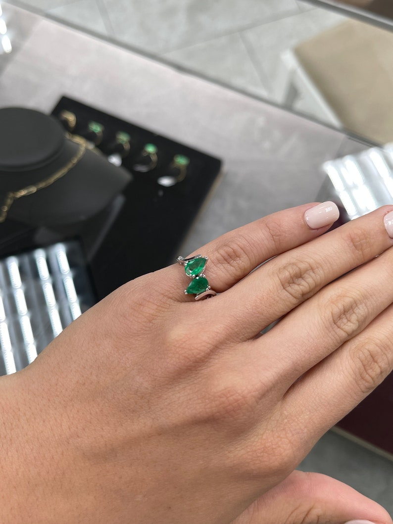 18K Colombian Emerald Pear Cut White Gold Dual Statement 