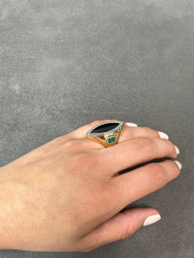  Marquise Cut Halo Onyx Cocktail Ring